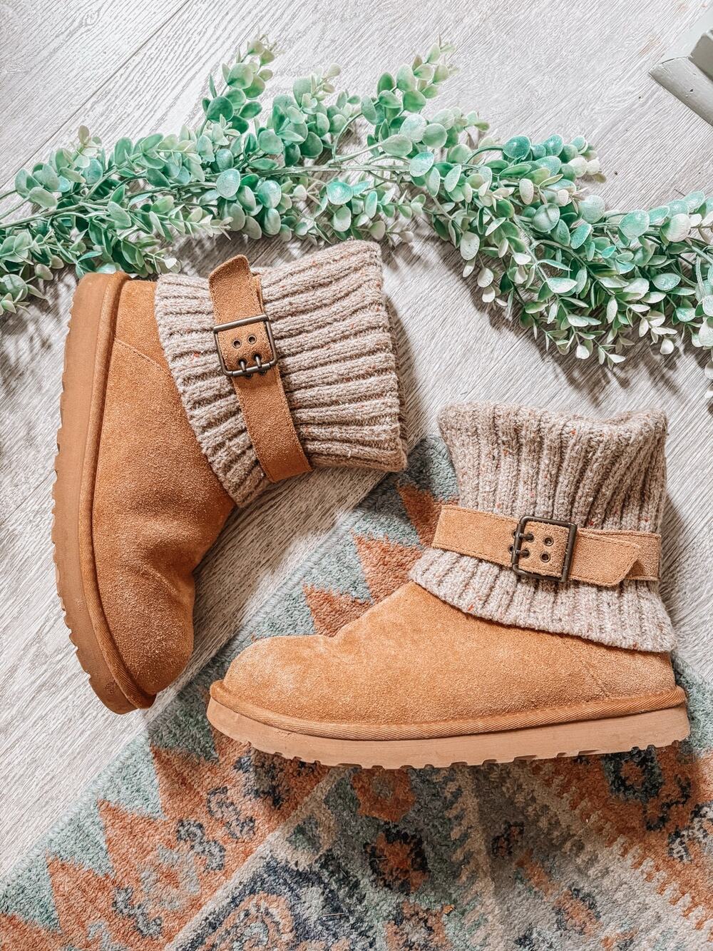 UGG Chestnut Suede Ankle Boots with Knit Cuff